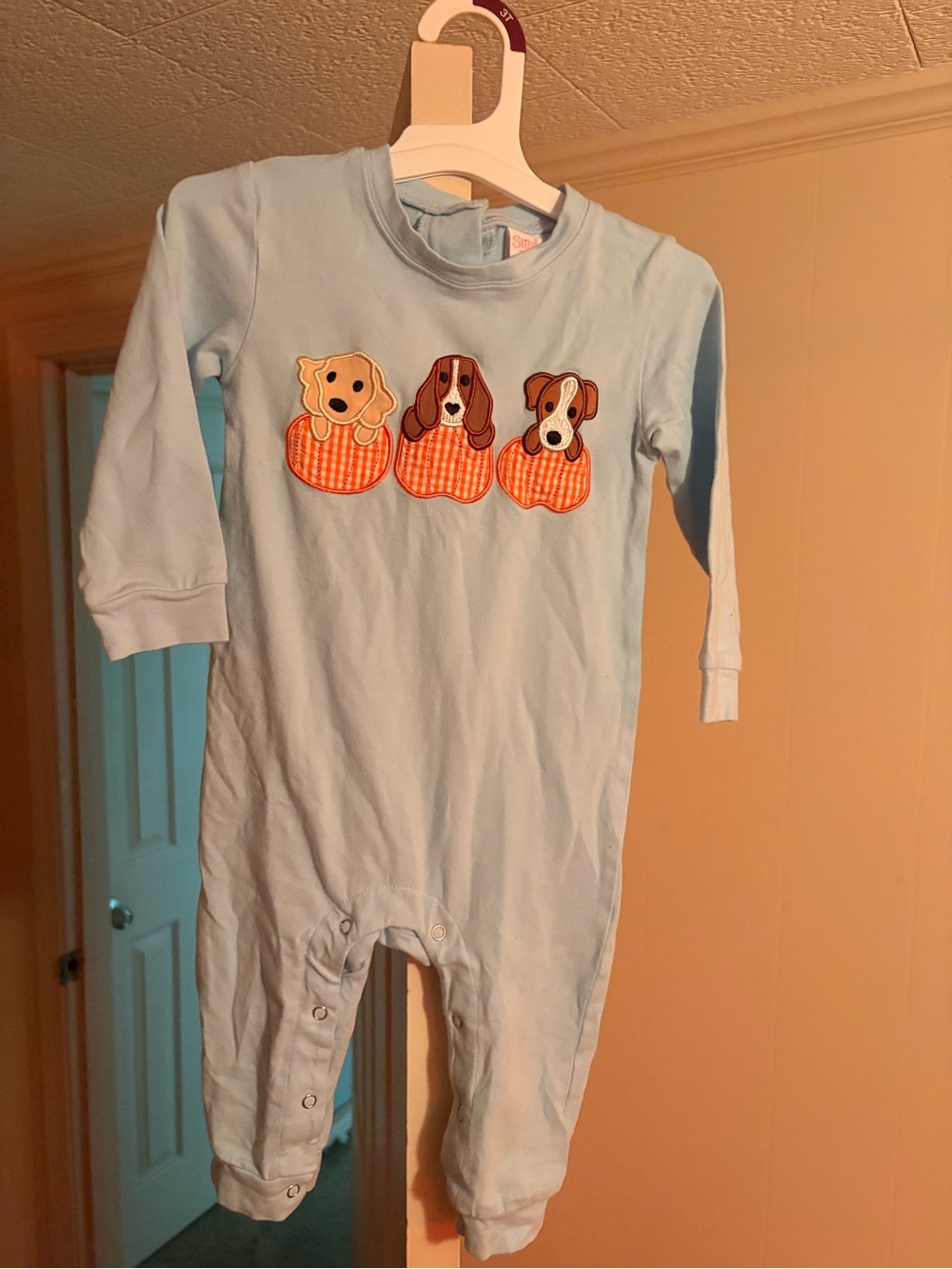 Blue Puppy Appliqué Long-Sleeve One-Piece Bodysuit